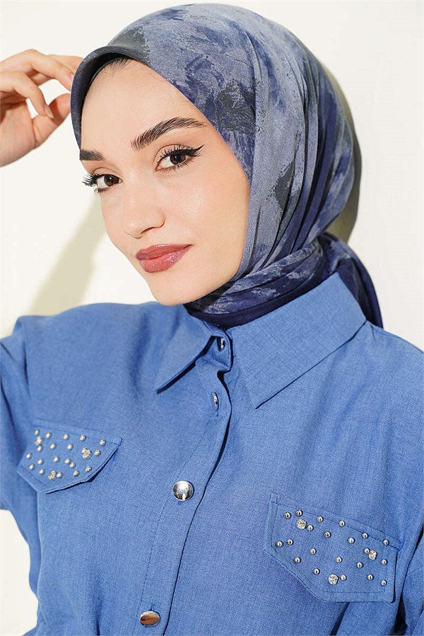 Batik Patterned Soft Scarf Navy Blue