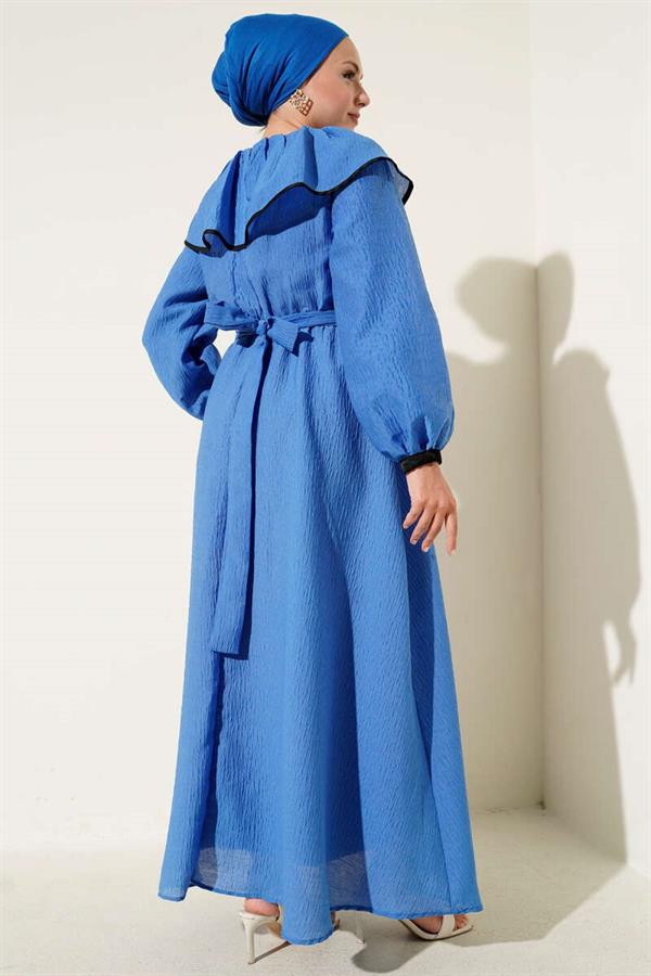 Baby Collar Elastic Waist Dress in Saxe