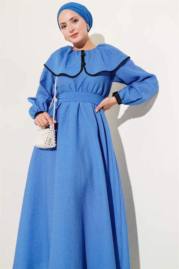 Baby Collar Elastic Waist Dress in Saxe