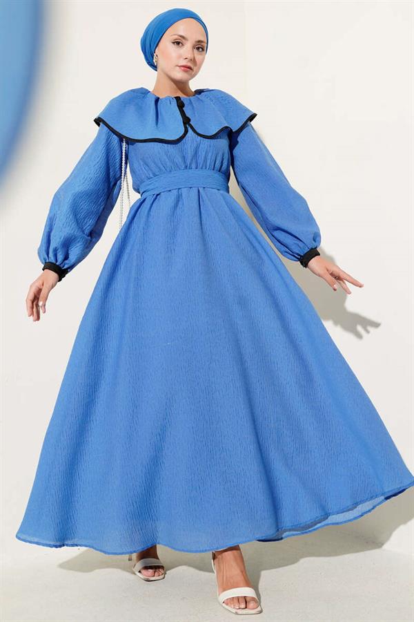Baby Collar Elastic Waist Dress in Saxe