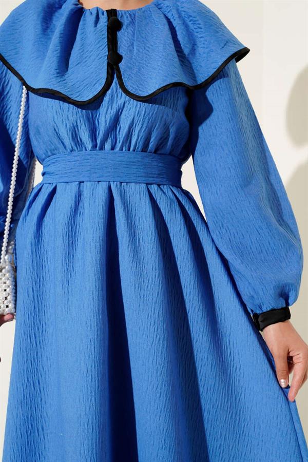 Baby Collar Elastic Waist Dress in Saxe