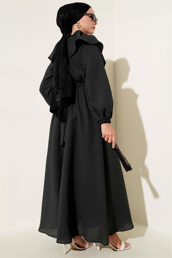 Peter Pan Collar Elastic Waist Dress Black