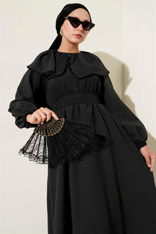 Peter Pan Collar Elastic Waist Dress Black