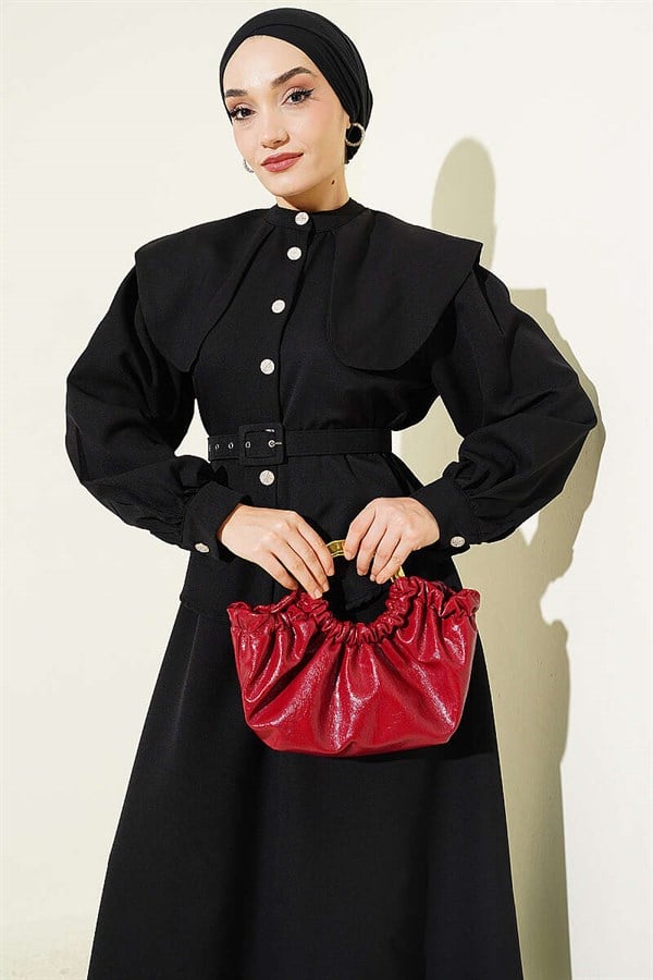 Peter Pan Collar Skirt 2 Piece Set with Elastic Waistband and Belt, Black