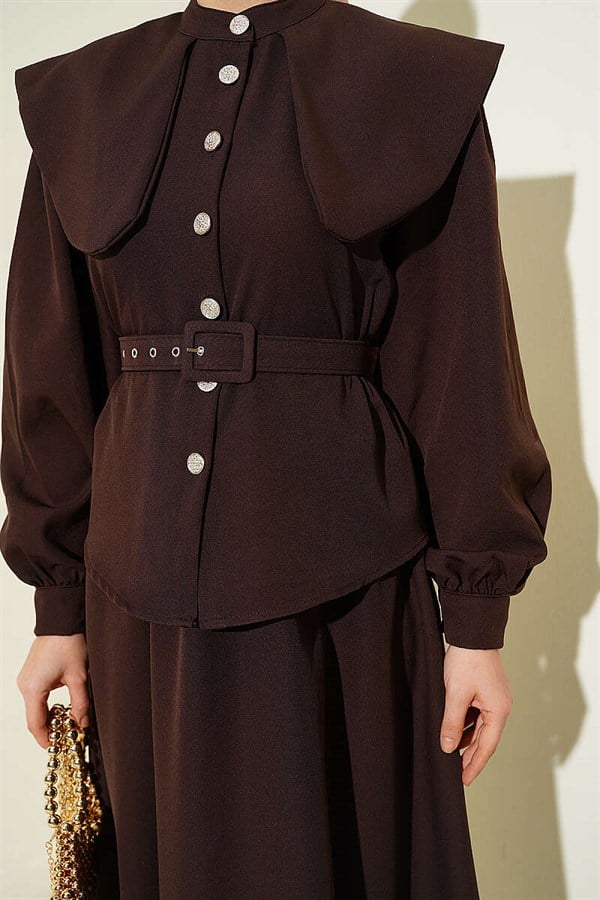 Baby Collar, Elastic Waist, Belted Skirt 2 Piece Set, Coffee