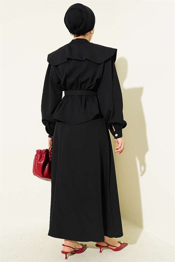 Peter Pan Collar Skirt 2 Piece Set with Elastic Waistband and Belt, Black