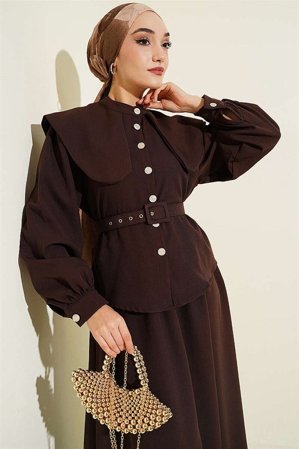 Baby Collar, Elastic Waist, Belted Skirt 2 Piece Set, Coffee