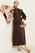 Baby Collar, Elastic Waist, Belted Skirt 2 Piece Set, Coffee