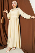 Peter Pan Collar Dress with Elasticated Cuffs, Beige