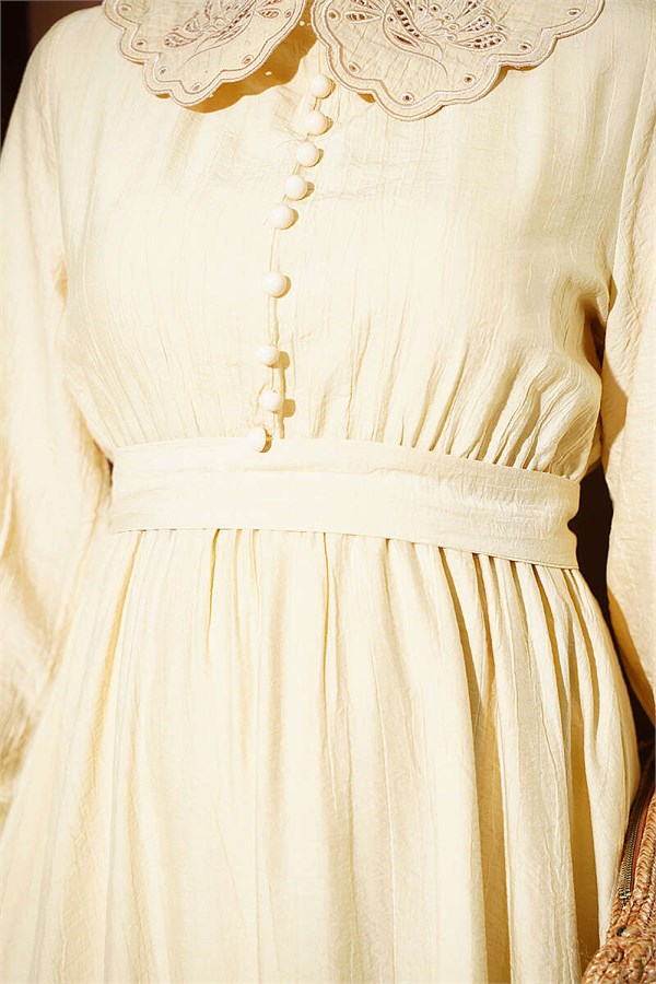 Peter Pan Collar Dress with Elasticated Cuffs, Beige