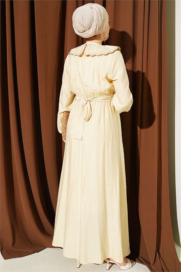 Peter Pan Collar Dress with Elasticated Cuffs, Beige