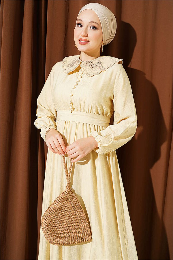 Peter Pan Collar Dress with Elasticated Cuffs, Beige