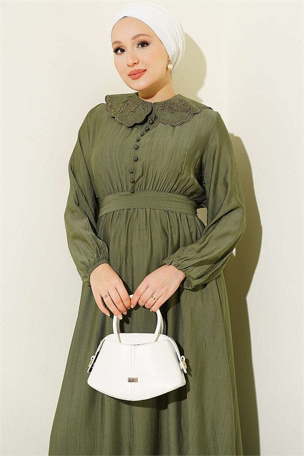 Peter Pan Collar Dress with Elasticated Cuffs, Khaki
