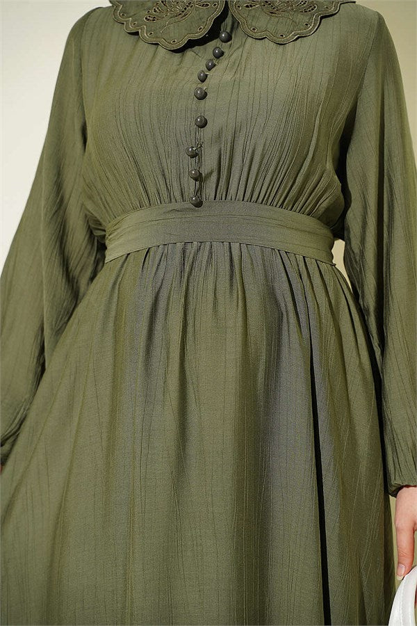 Peter Pan Collar Dress with Elasticated Cuffs, Khaki