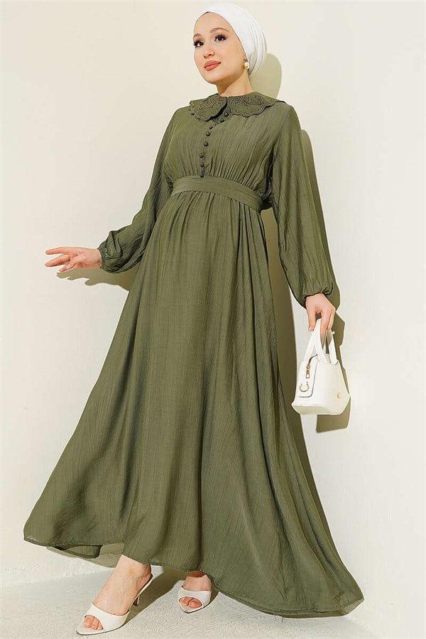 Peter Pan Collar Dress with Elasticated Cuffs, Khaki