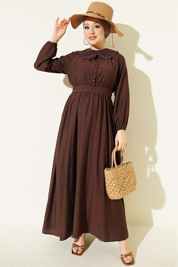 Baby Collar Dress with Elasticated Cuffs, Brown