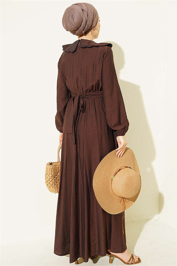 Baby Collar Dress with Elasticated Cuffs, Brown