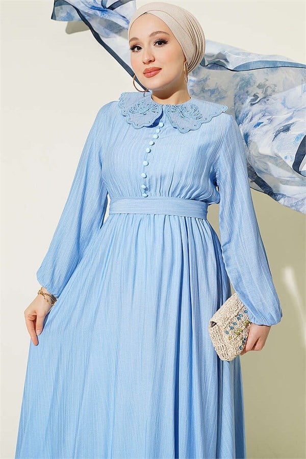 Baby Collar Dress with Elasticated Cuffs, Blue