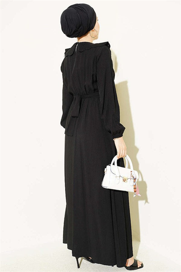 Peter Pan Collar Dress with Elasticated Cuffs, Black