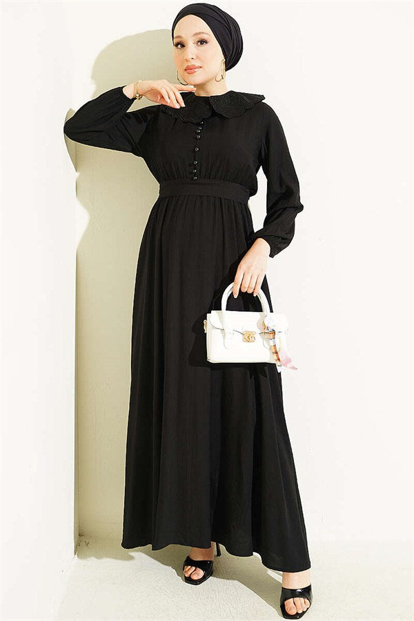 Peter Pan Collar Dress with Elasticated Cuffs, Black