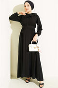 Peter Pan Collar Dress with Elasticated Cuffs, Black