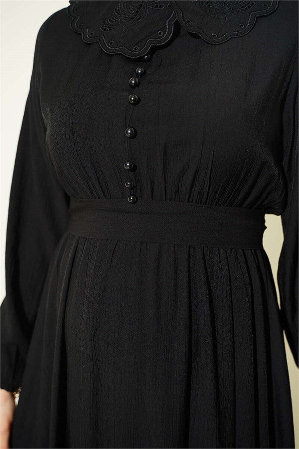 Peter Pan Collar Dress with Elasticated Cuffs, Black