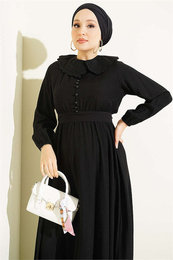 Peter Pan Collar Dress with Elasticated Cuffs, Black