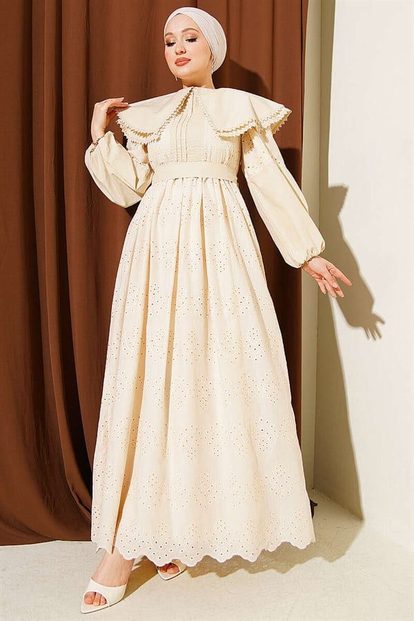 Peter Pan Collar Embroidered Detail Dress, Beige