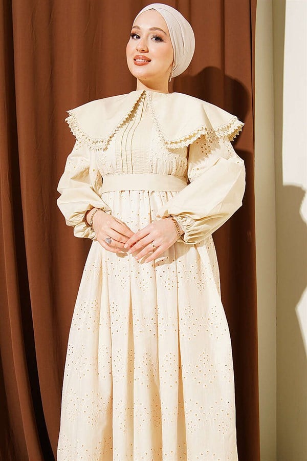 Peter Pan Collar Embroidered Detail Dress, Beige
