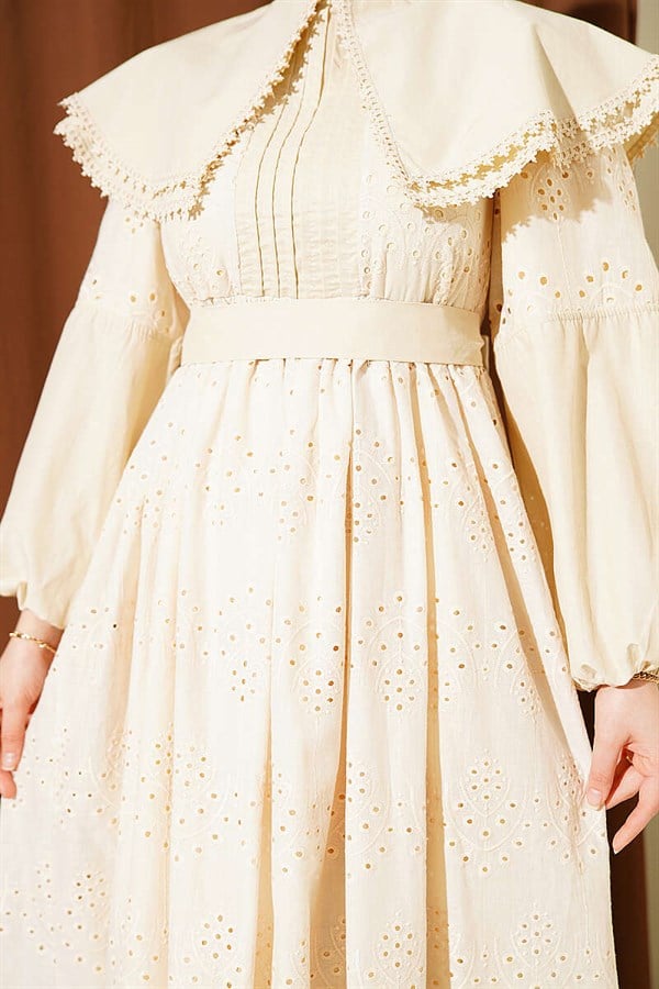Peter Pan Collar Embroidered Detail Dress, Beige