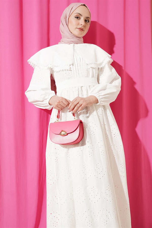 Baby Collar Embroidered Detail Dress White