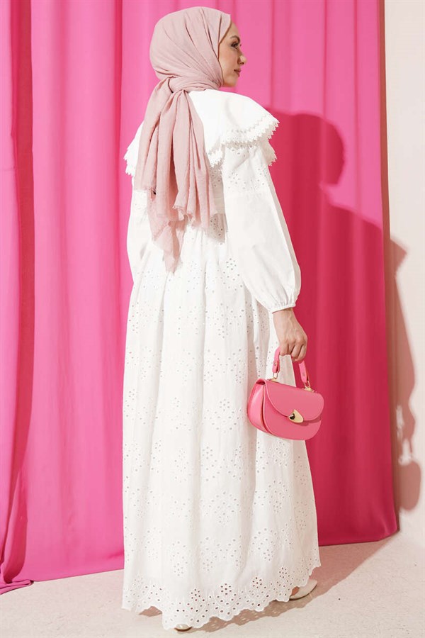 Baby Collar Embroidered Detail Dress White