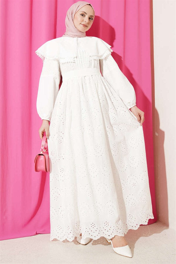 Baby Collar Embroidered Detail Dress White