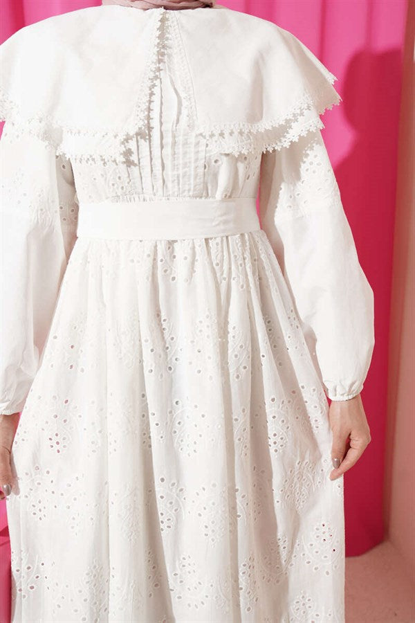 Baby Collar Embroidered Detail Dress White