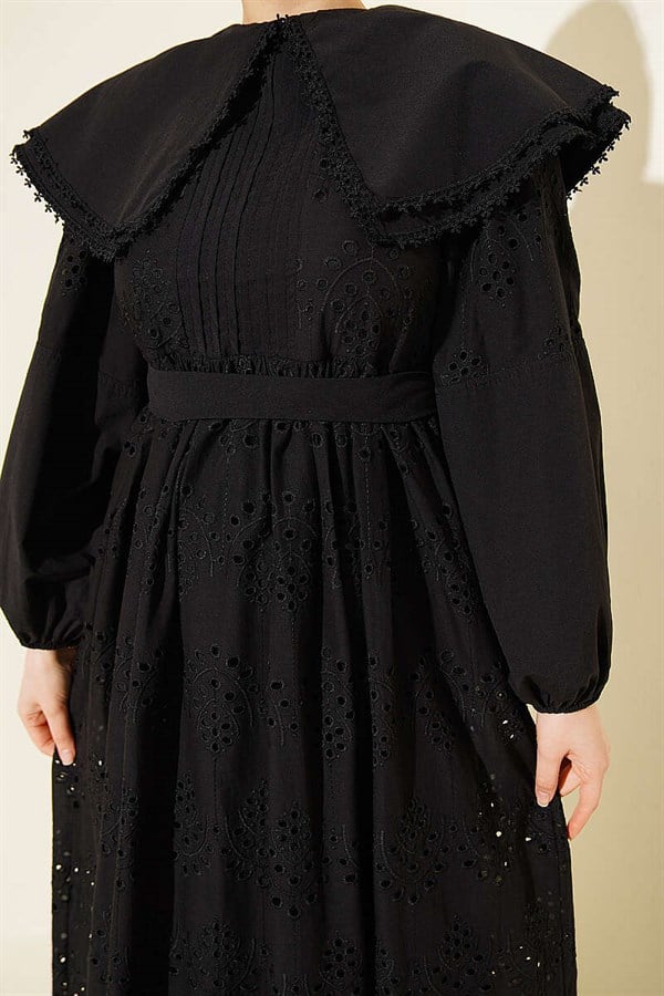 Peter Pan Collar Embroidered Detail Dress Black