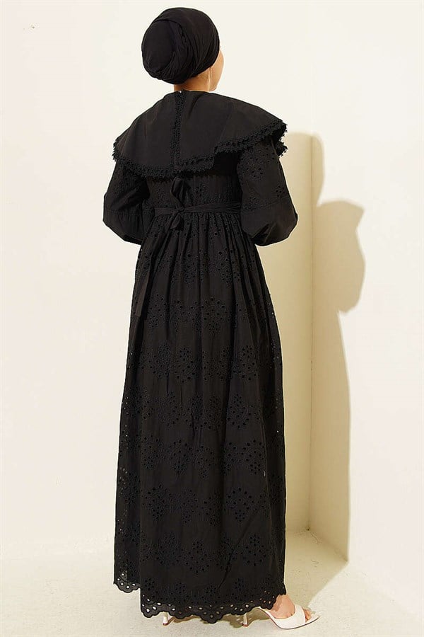 Peter Pan Collar Embroidered Detail Dress Black