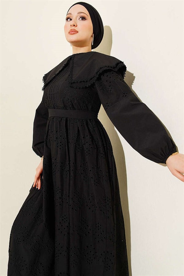 Peter Pan Collar Embroidered Detail Dress Black