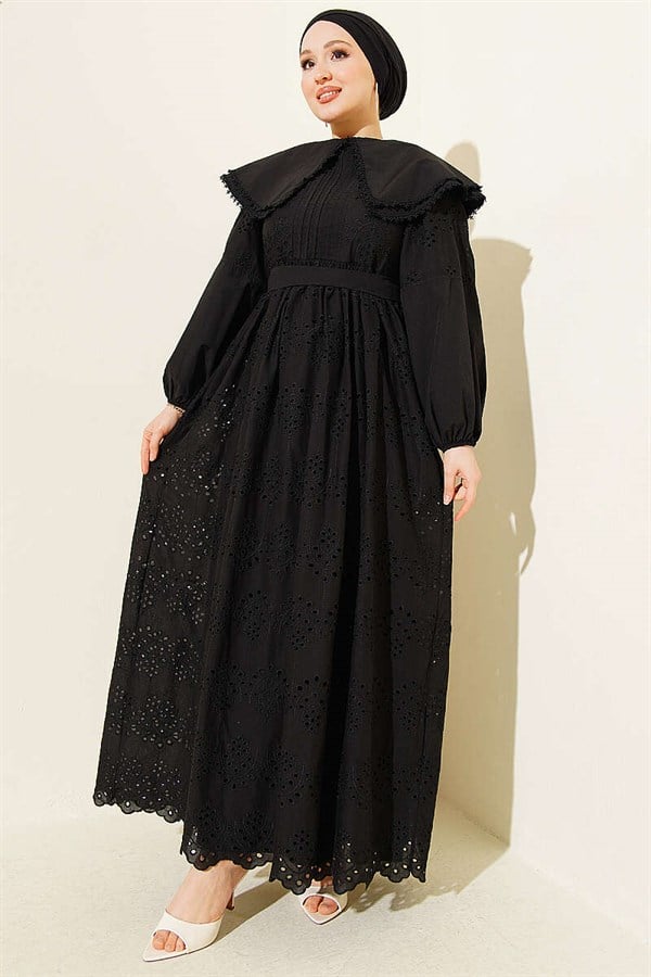 Peter Pan Collar Embroidered Detail Dress Black