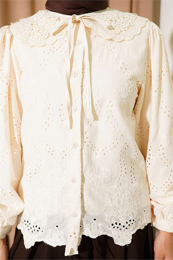 Peter Pan Collar Embroidered Detail Shirt, Beige