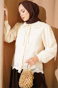 Peter Pan Collar Embroidered Detail Shirt, Beige