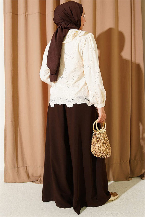 Peter Pan Collar Embroidered Detail Shirt, Beige