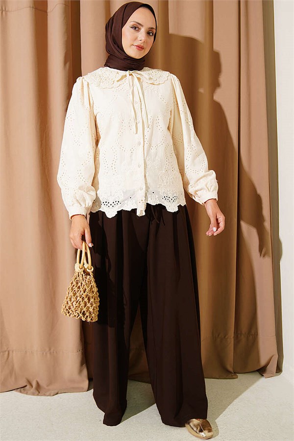 Peter Pan Collar Embroidered Detail Shirt, Beige