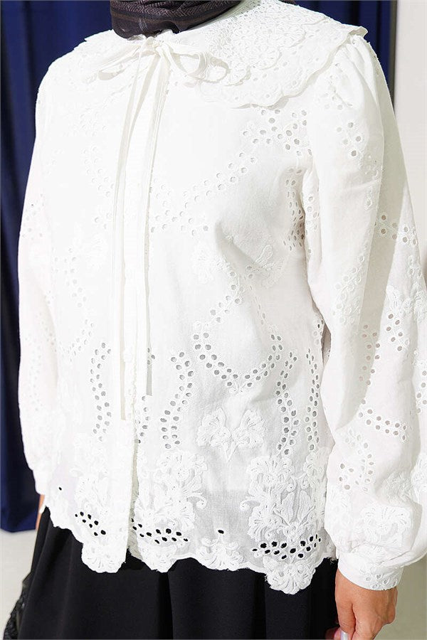 Peter Pan Collar Embroidered Detail Shirt, Ecru