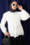 Peter Pan Collar Embroidered Detail Shirt, Ecru