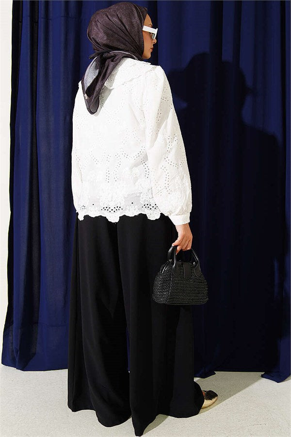 Peter Pan Collar Embroidered Detail Shirt, Ecru