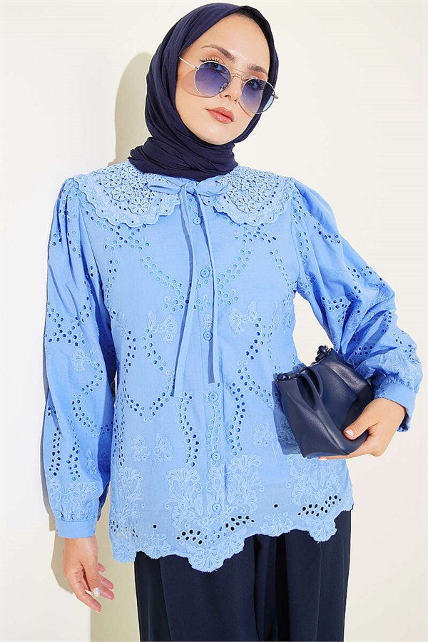 Baby Collar Embroidered Detail Shirt Blue