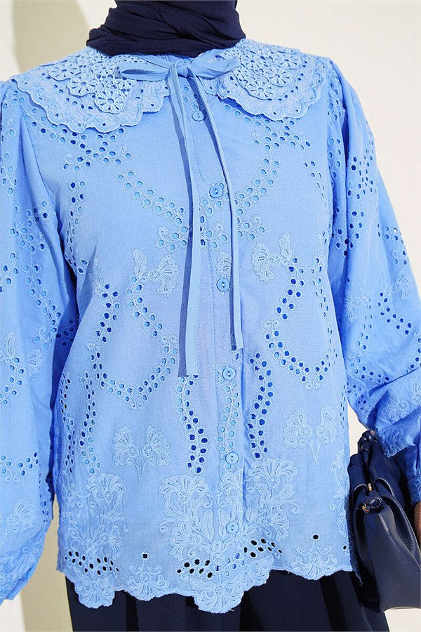 Baby Collar Embroidered Detail Shirt Blue