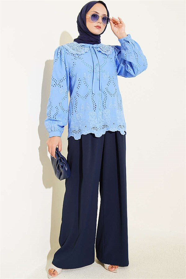 Baby Collar Embroidered Detail Shirt Blue