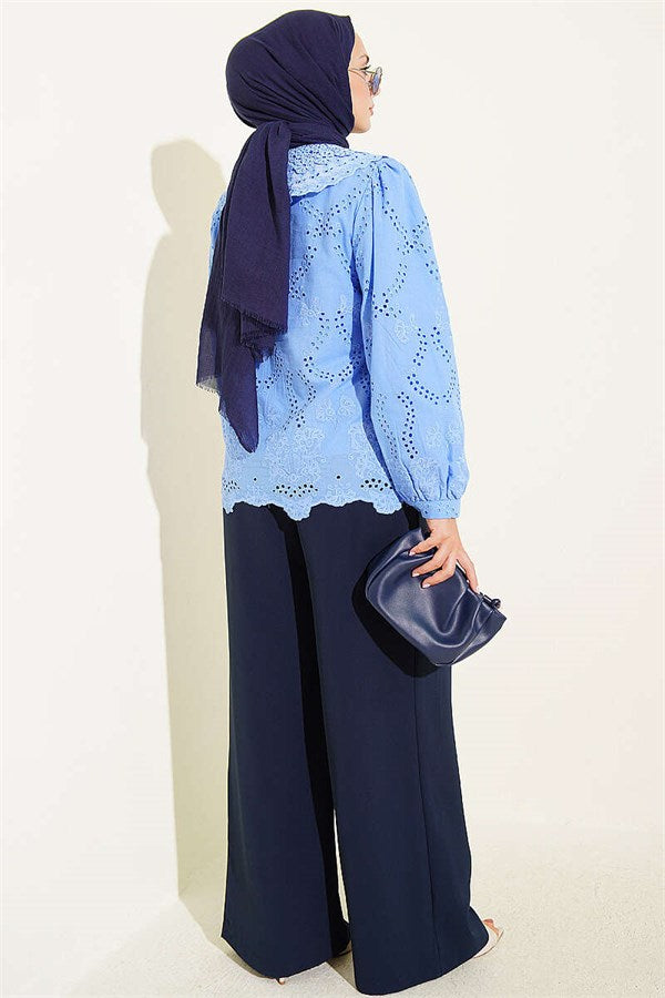 Baby Collar Embroidered Detail Shirt Blue