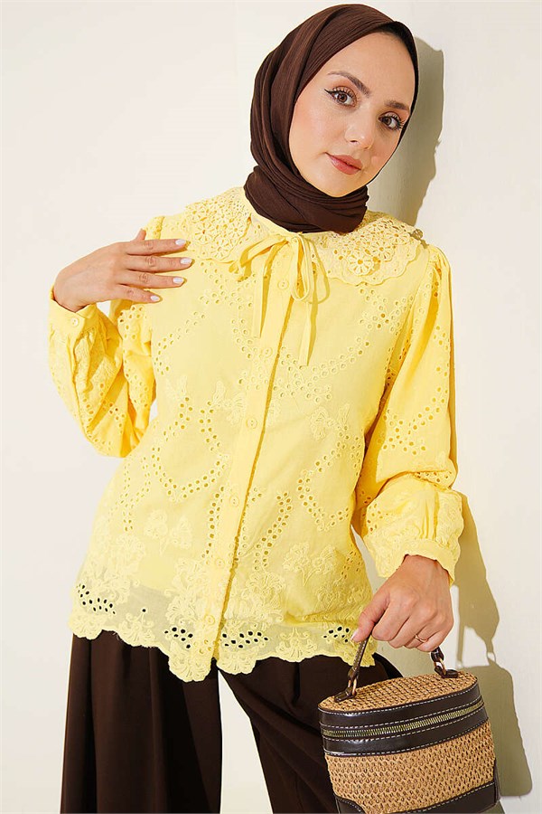 Peter Pan Collar Embroidered Detail Shirt Yellow
